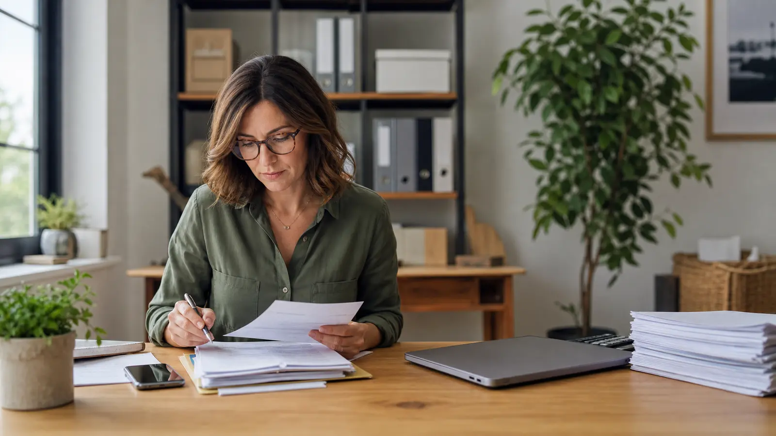 A bookkeeper works through a stack of invoice paperwork at a small business office desk beside a closed laptop.