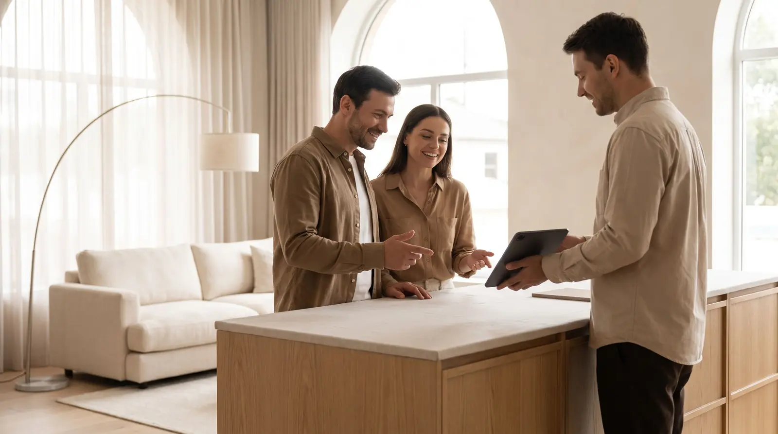 Two customers stand at a showroom counter talking with a salesperson who is holding a tablet, with furniture out of focus behind them.