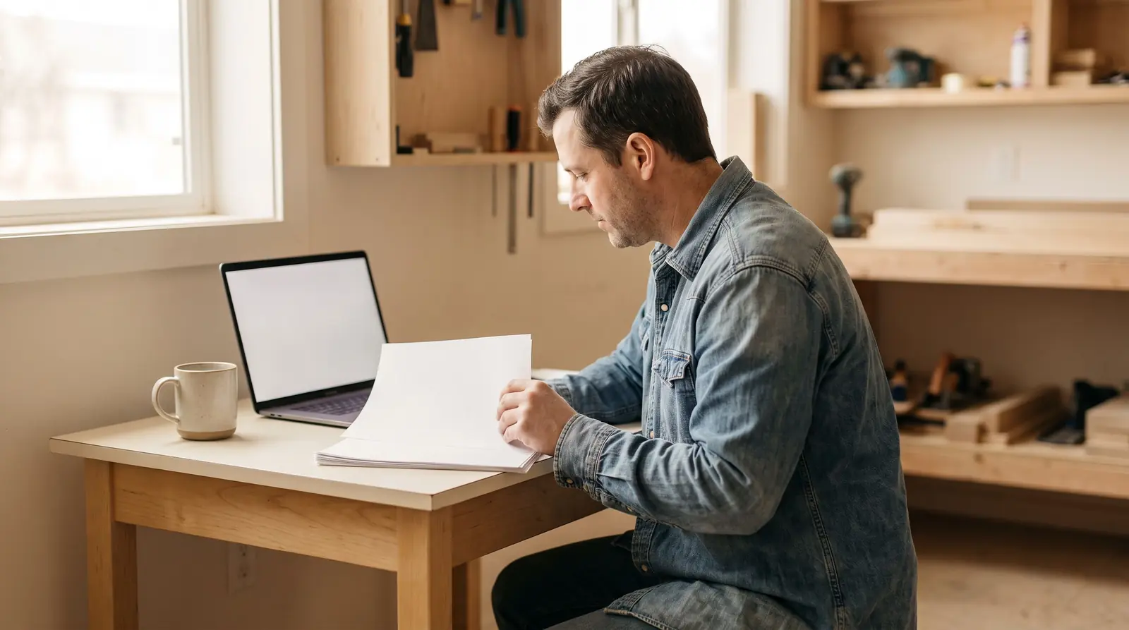 A contractor sits at a workshop office desk going through a stack of paper work orders with a laptop open beside him.