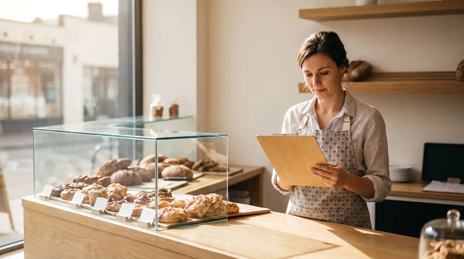 A bakery owner in an apron stands behind a full display case, looking over a clipboard in the morning light.