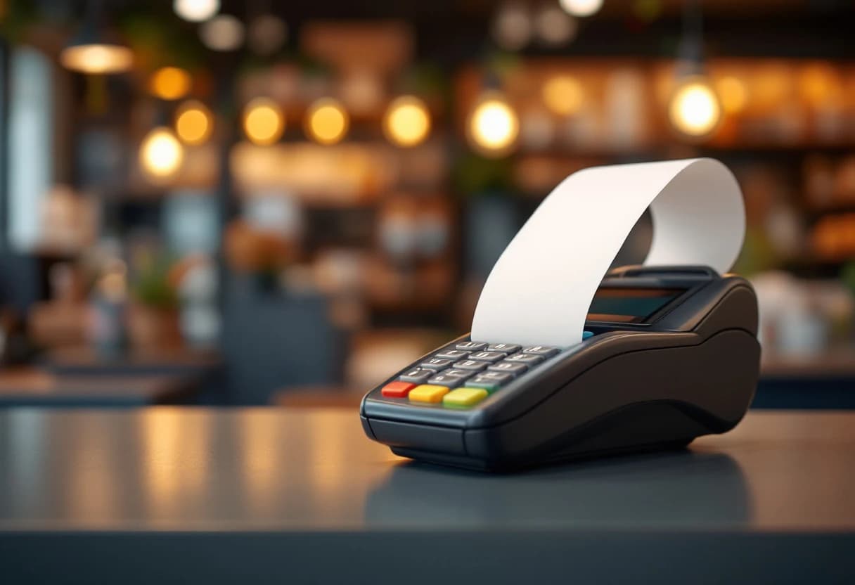 A card terminal and receipt on a shop counter.