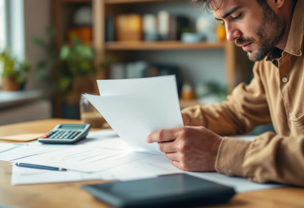 A business owner reviewing their statement with a calculator.