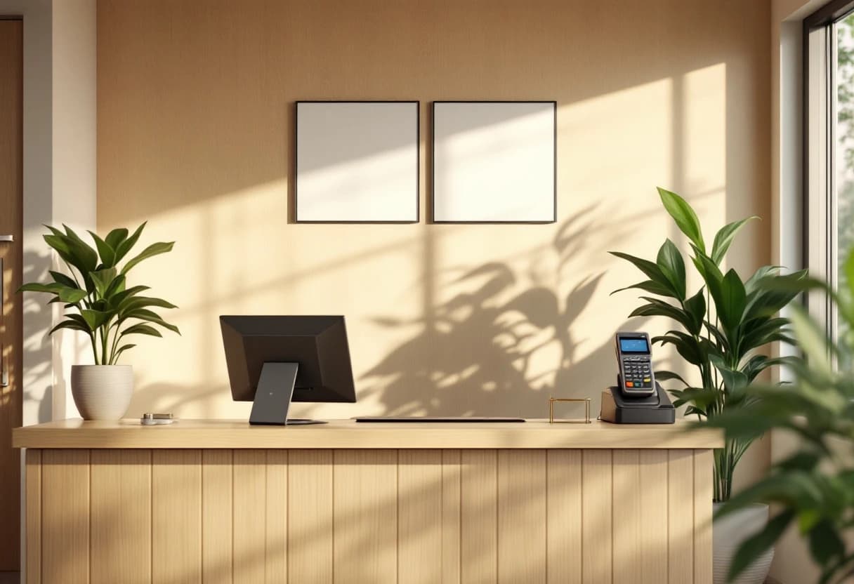 A small office front desk with a card terminal.