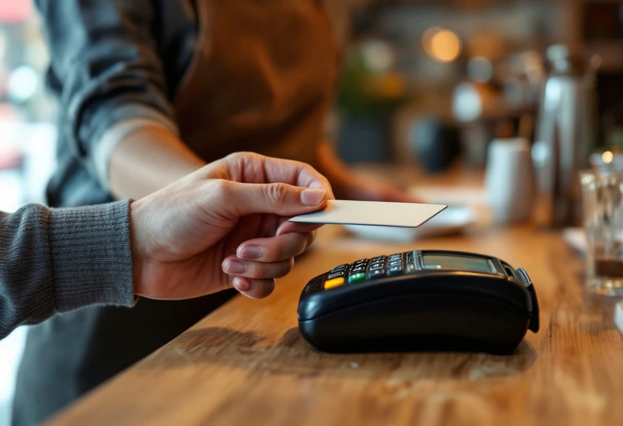 A customer paying with a card at a shop counter.