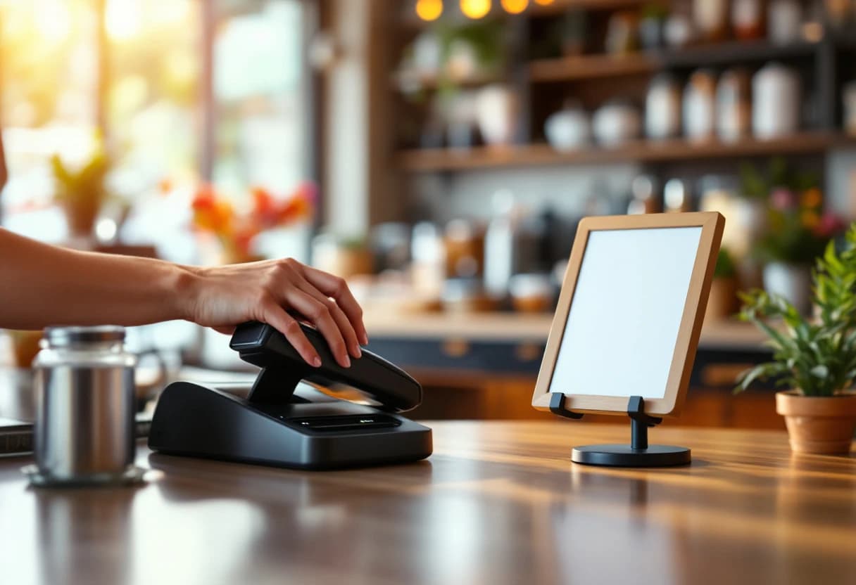 A card terminal at a small shop counter.