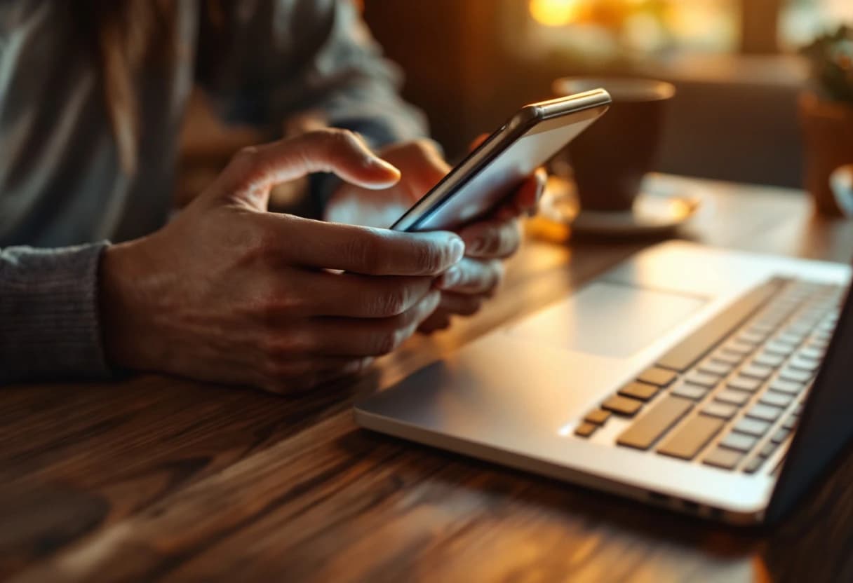 Paying a bill from a phone next to a laptop.