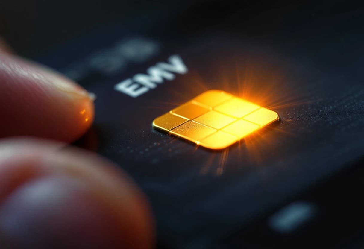 Close-up of the gold EMV chip on a credit card.