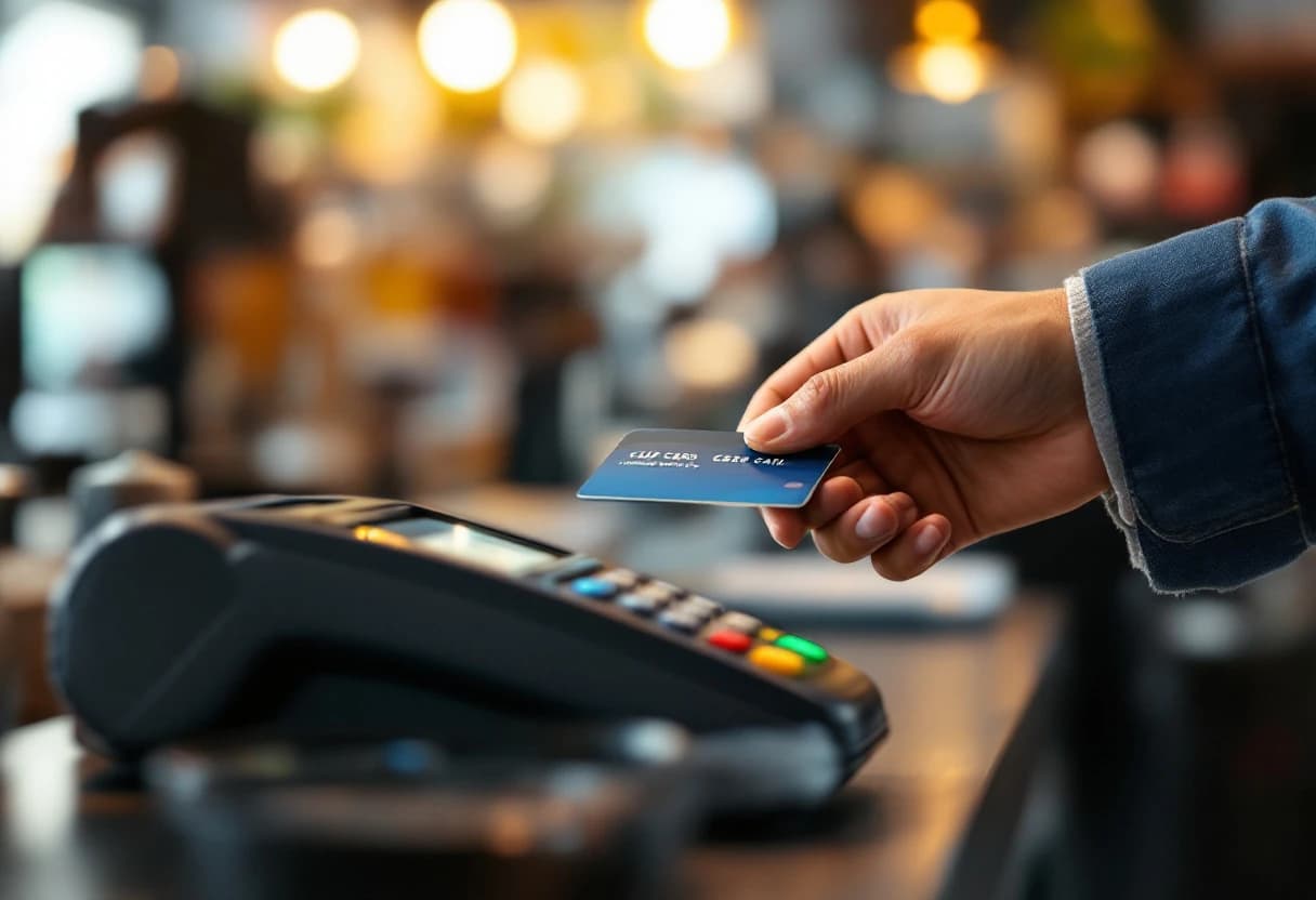 Paying with a chip card at a shop terminal.