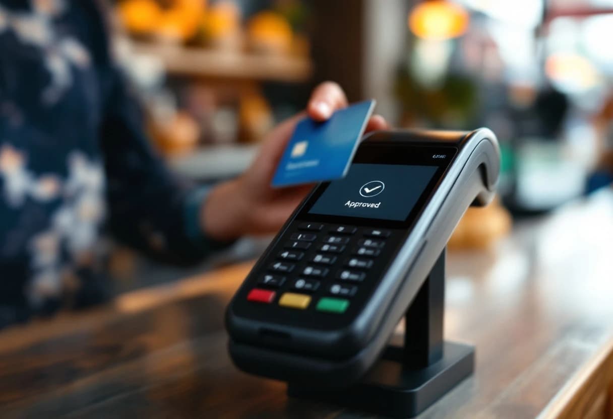 A card terminal on a shop counter approving a payment.