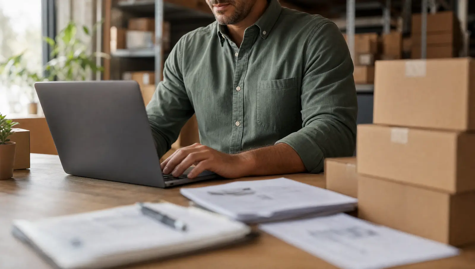 A wholesale business owner processes an invoice payment on a laptop virtual terminal at a desk with shipping boxes and paperwork.