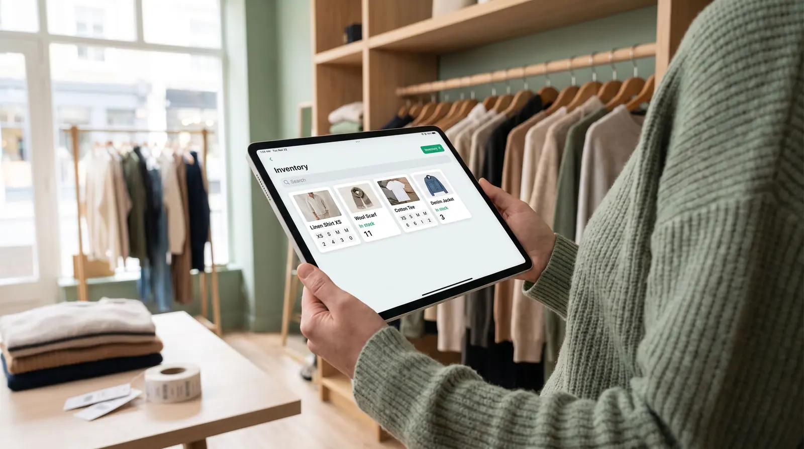 A store owner holds an iPad showing a stock-by-size list while checking the matching apparel rack.