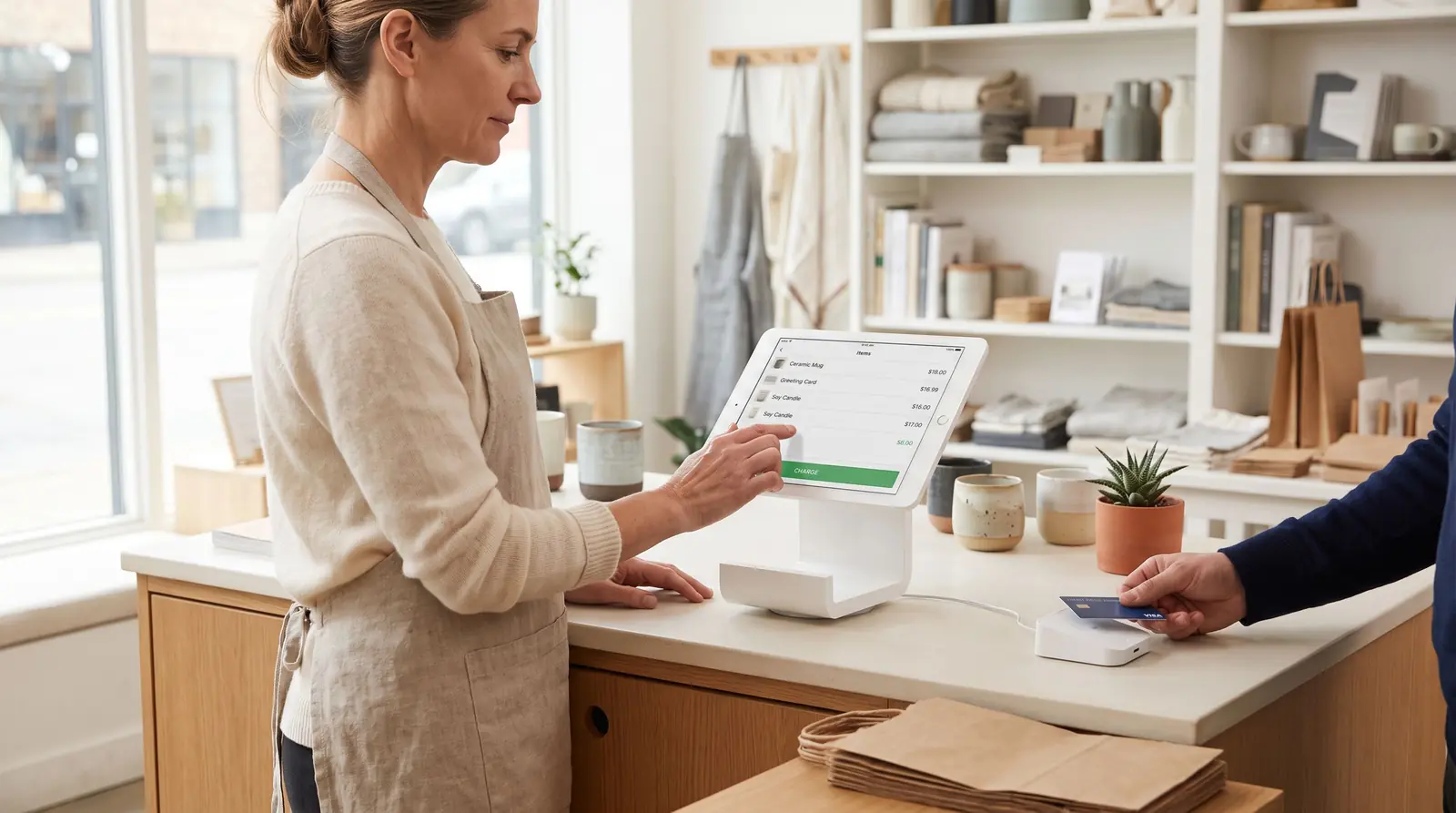 A shop owner rings up a sale on a countertop touchscreen register at a gift shop counter while a customer taps a card on the reader beside it.