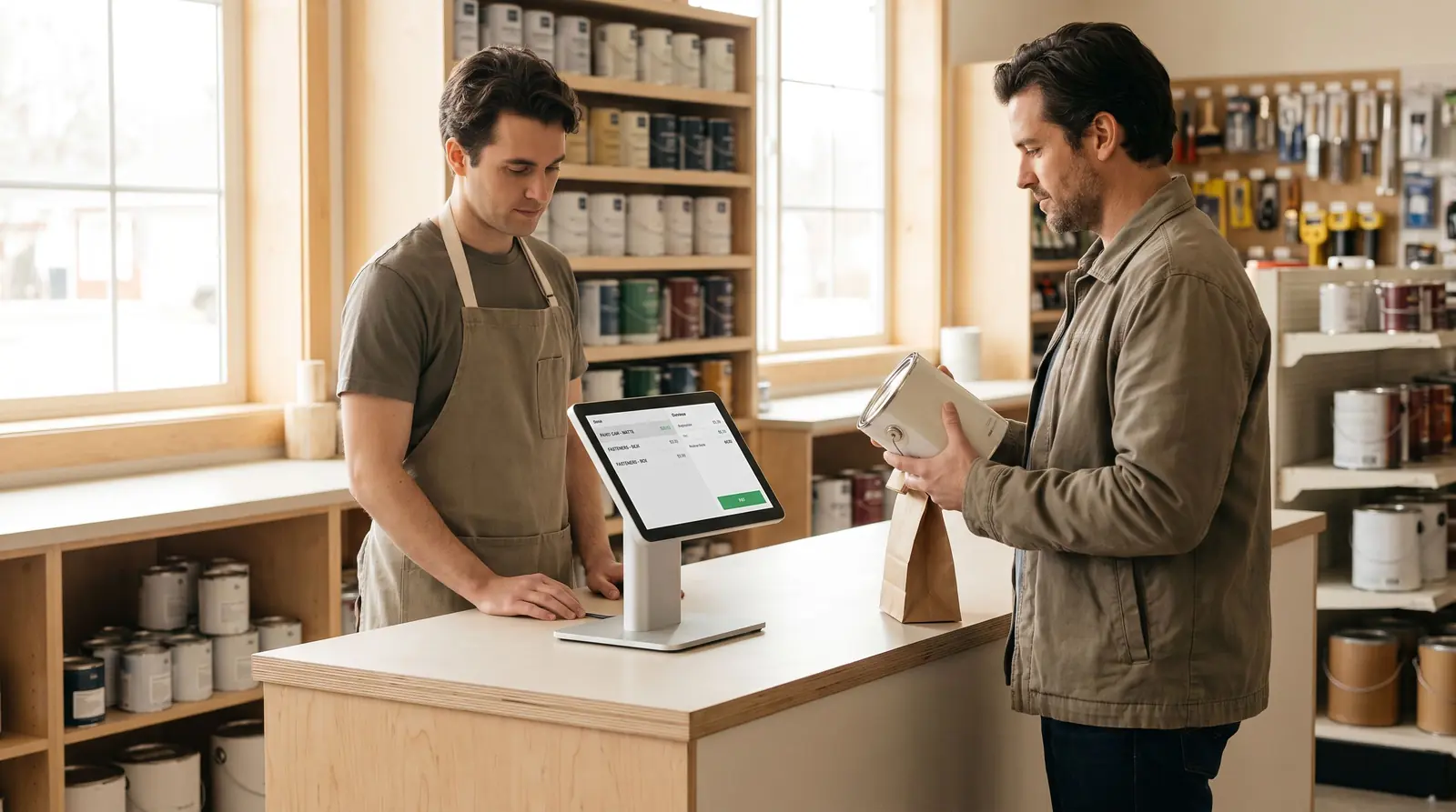 A clerk in a work apron rings up a small order on a countertop touchscreen register while a customer waits at a hardware store counter.