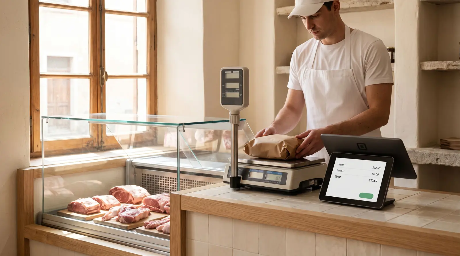 A butcher weighs a wrapped parcel on a counter scale beside a compact touchscreen register at the service case.