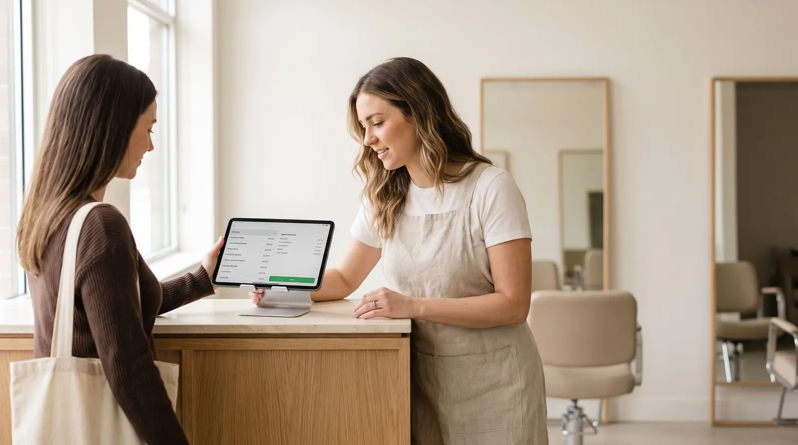 A stylist checks a client out on a tablet register at a salon reception counter.