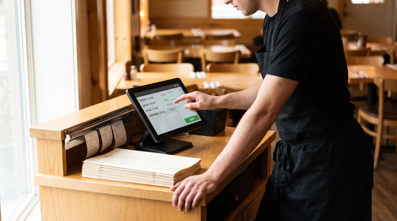 A server enters an order on a countertop touchscreen at a restaurant server station beside a rail of printed tickets.