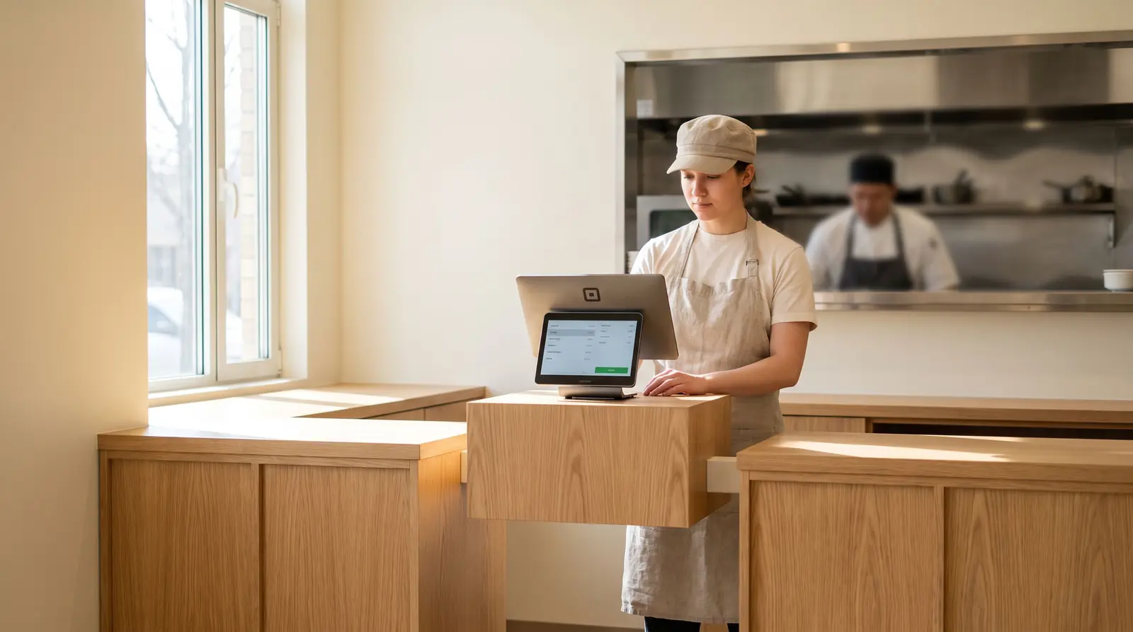 A cashier takes an order on a countertop touchscreen at a quick-service counter with the kitchen pass behind.