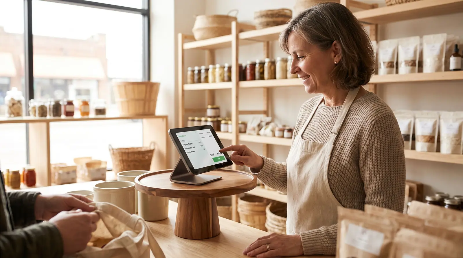 A shop owner rings up a short order on a compact touchscreen register at a corner grocery counter.