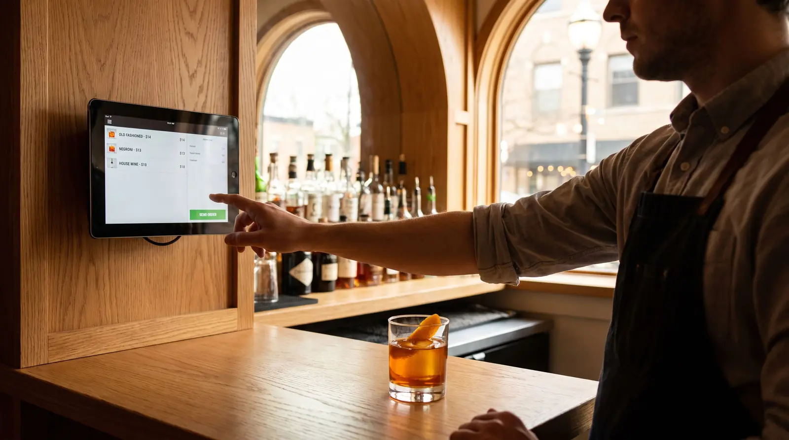 A bartender enters an order on a wall-mounted touchscreen at the service well, bottles behind and a finished cocktail on the bar.