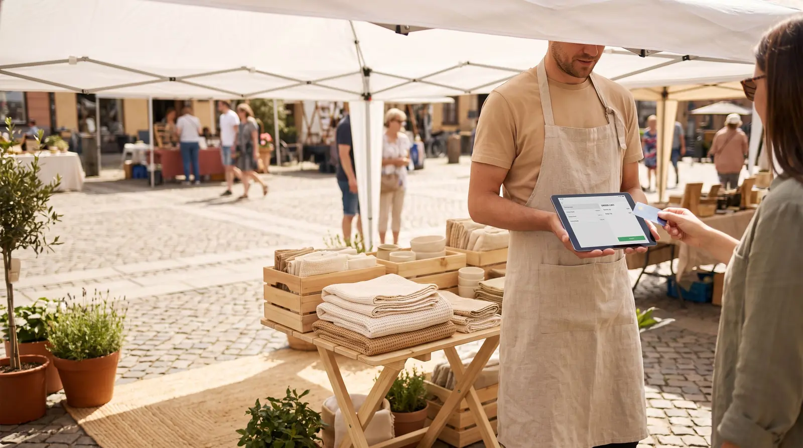 A vendor takes payment on a tablet register at an outdoor pop-up booth stacked with folded goods.